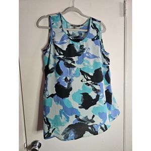 Lisa Rinna Collection Medium Printed Knit Tank Top W/ Asymmetrical Hem Blue